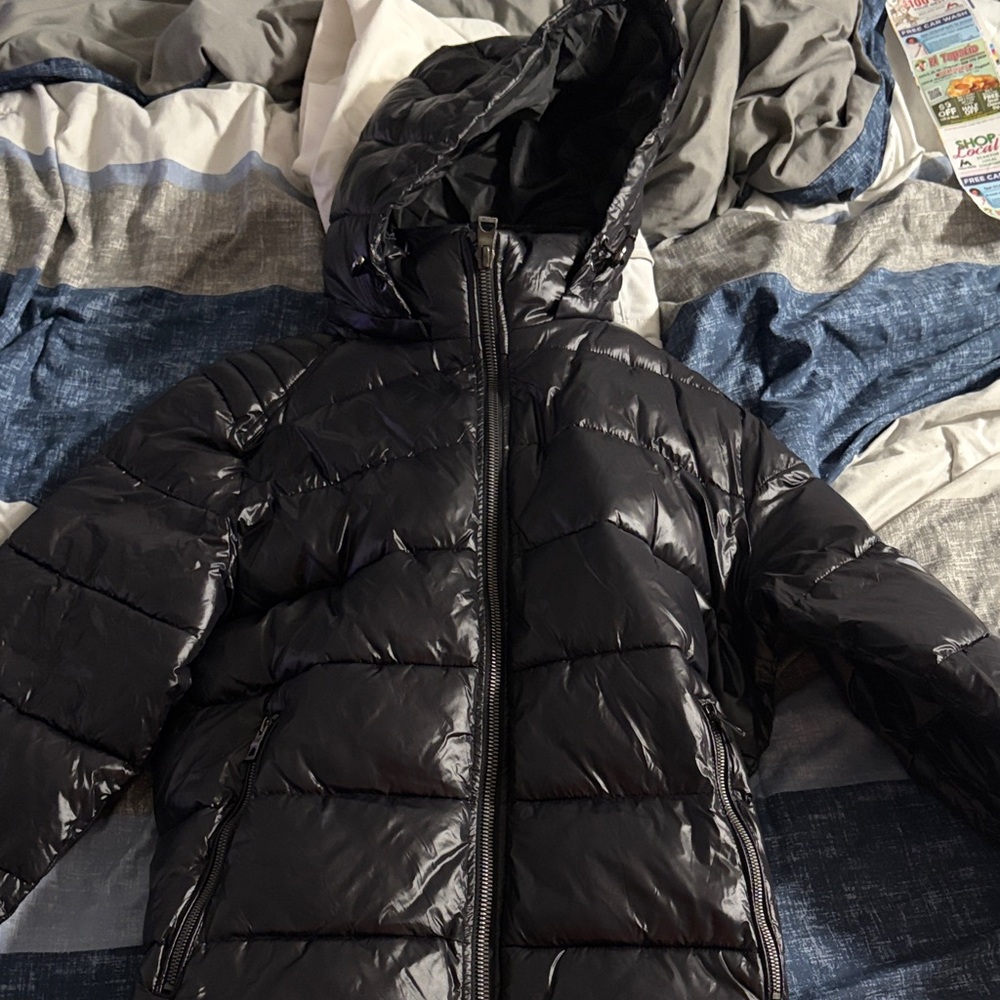 Guess Black Shiny Puffer Jacket with Hood